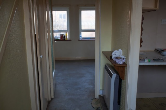 Our hallway and living room, minus carpet.