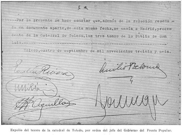 Página 2 del acta de incautación del Tesoro de la Catedral de Toledo por las autoridades republicanas el 4 de septiembre de 1936