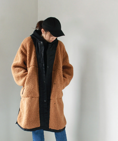 代引可最安値 Coat ボア ナイロンノーカラーロングコート ノーカラーコート Dresslave ドレスレイブ のファッション Switching ノーカラーコート Switching Boa Nylon ジャケット アウター セール ノーカラーコート