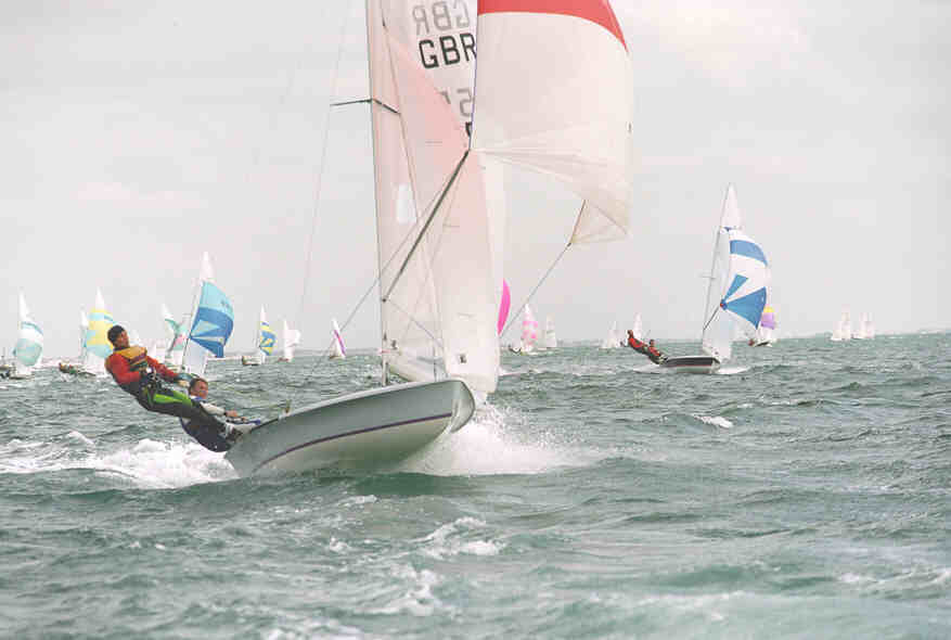 505 on a full plane under a 3-sail reach. This is what 2-man dingy 