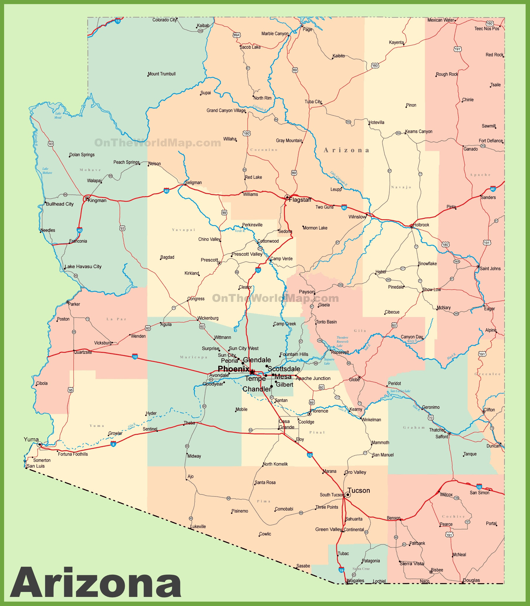Map Of Cities In Az Arizona road map with cities and towns