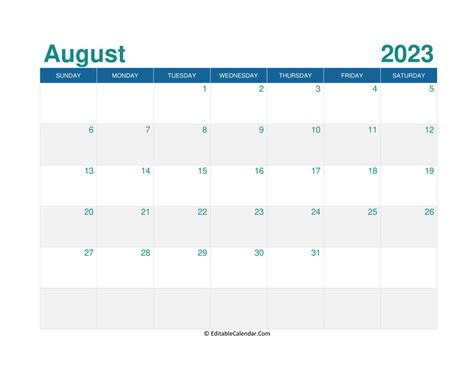  august 2023 editable calendar with holidays