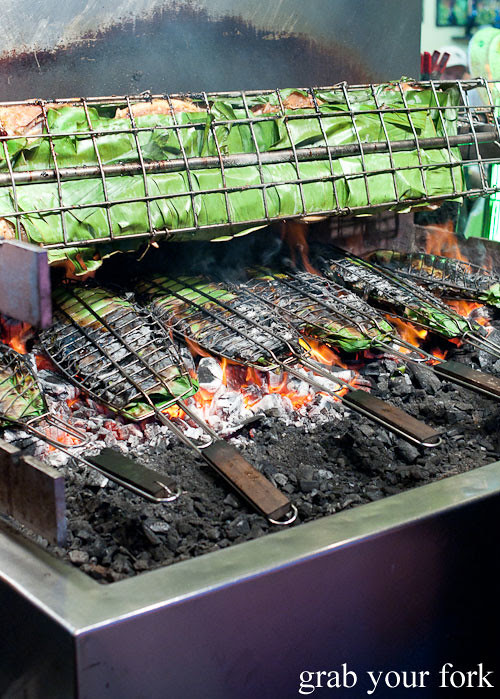 Charcoal barbecue banana leaf fish and chicken at Hai Au Lang Nuong Canley Vale