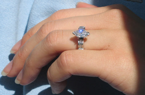 Marquise diamond ring on finger