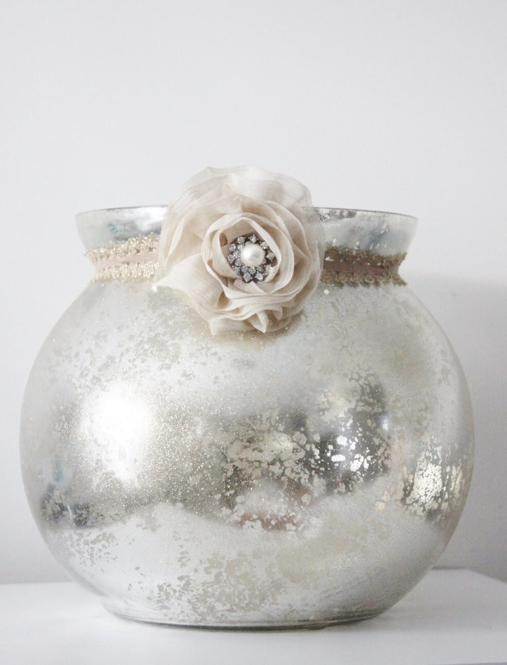 2 MERCURY GLASS VASES Glitter Gold and Silver Vase Fabric Flower Embellishment Rhinestone Blush Rustic Vintage Gatsby Wedding Candle Holder