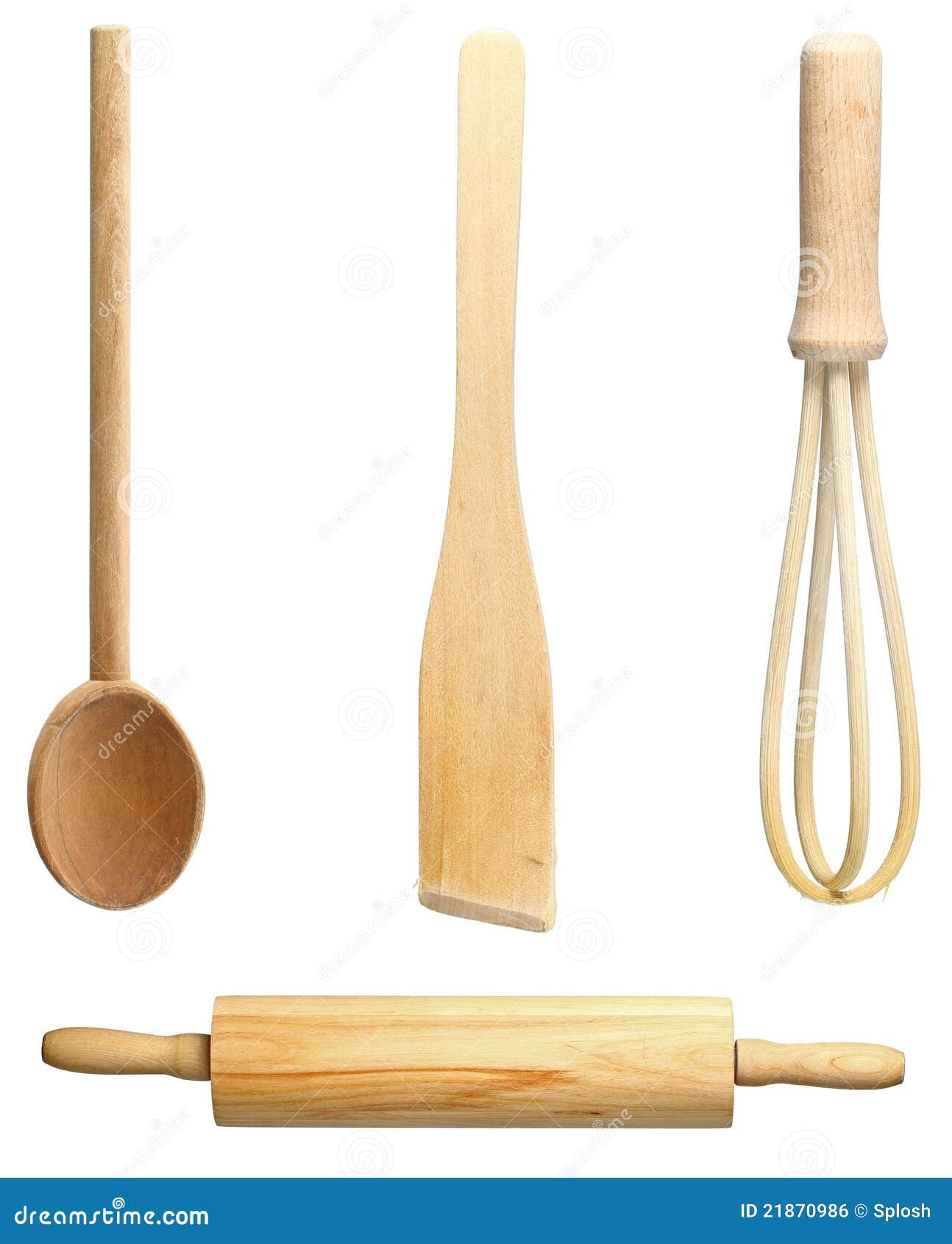 Four different wooden kitchen utensils isolated on a white background.