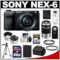 Sony Alpha NEX-6 Digital Camera Body & 16-50mm Lens with E 55-210mm Lens + 64GB Card + Battery + Case + Filters + Tripod + Tele/Wide Lenses + Accessory Kit