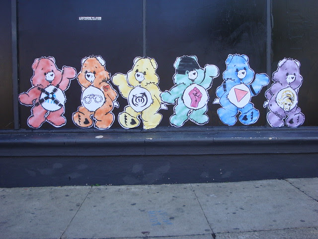 Gay Care Bears. A whole rainbow of bears: Leather bear, handcuff bondage 