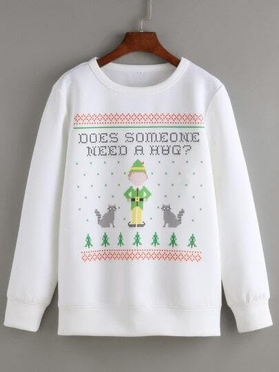 White Round Neck Christmas Print Sweatshirt pictures