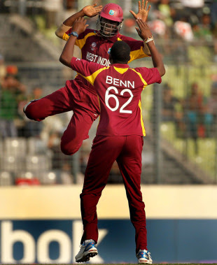Darren Sammy was ecstatic after Sulieman Benn knocked over Rubel Hossain, Bangladesh v West Indies, Group B, World Cup 2011, Mirpur, March 4, 2011
