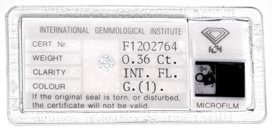 Originalfoto DIAMANT IGI 0.36 CARAT LUPENREIN TOP-WESSELTON-G JUWEL!