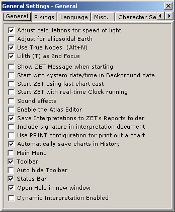 ZET - Astrology Software - General Settings