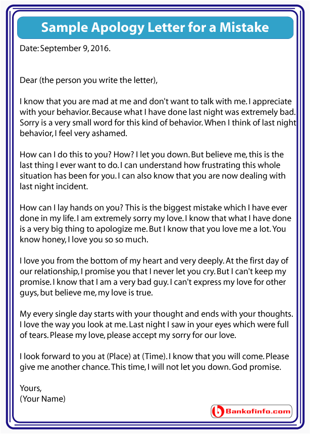 Sample Apology Letter For A Mistake