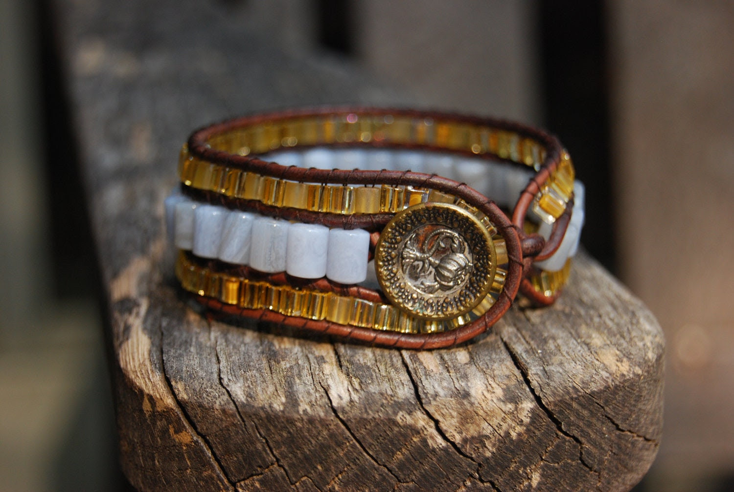 Wrapped Leather Bracelet with Powder Blue Lace Agate & Gold Glass Beads and Vintage Button - Brown Leather Cuff - MixNPatch