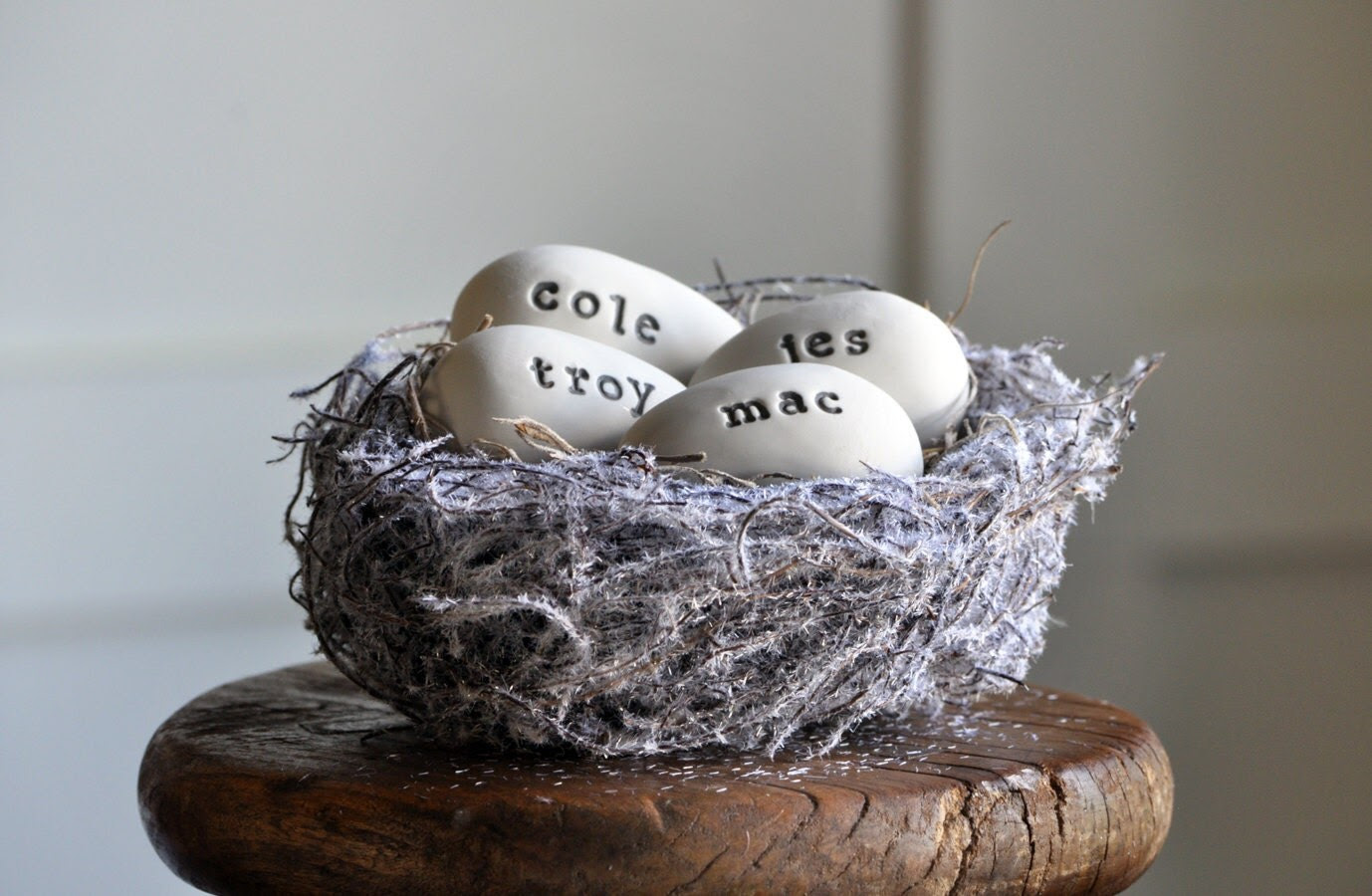 Winter Family nest, personalized bird eggs for decoration or gift, Christmas gift, white christmas