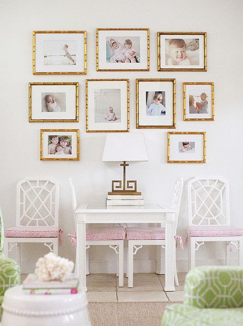 gold framed wall gallery + pink & white fretwork accents