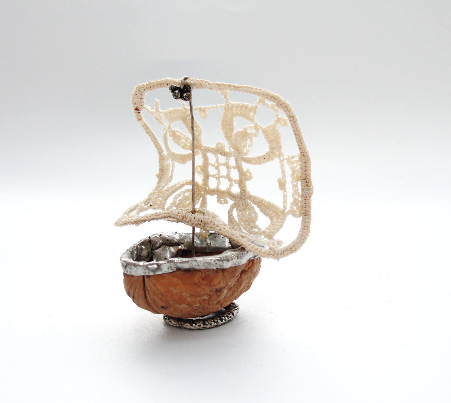 Thumbelina Walnut Sailboat - Vintage Doily, Walnut, Soldering - StarHomeStudio