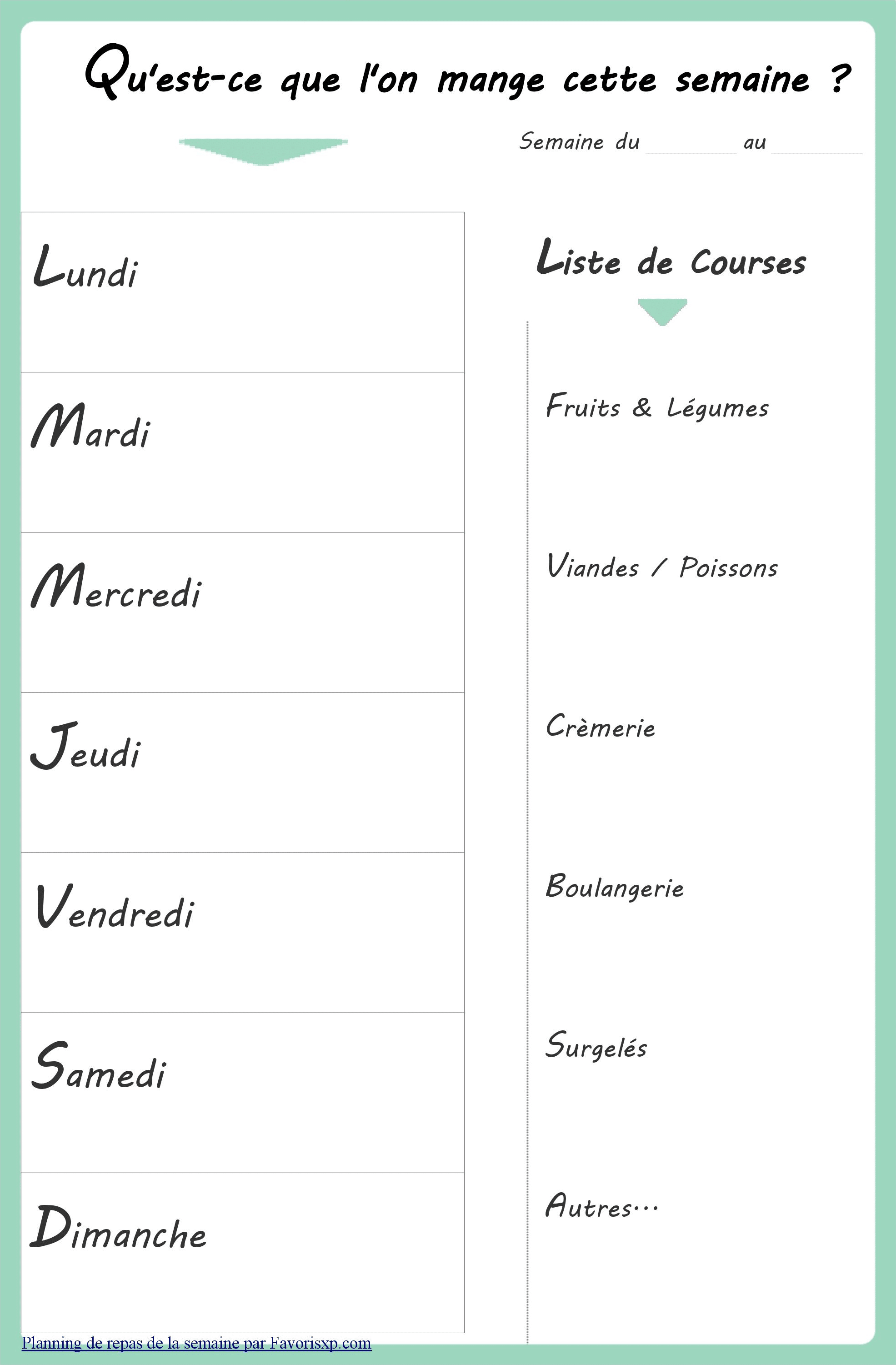 Menus De La Semaine A Imprimer Plannings Vierges Gratuits Pdf