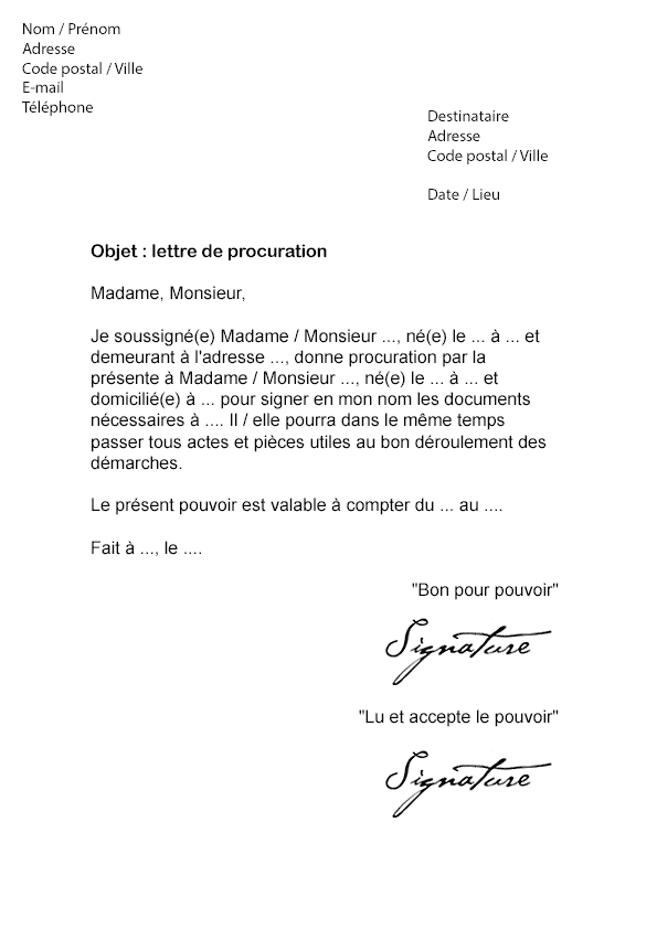 Lettre de procuration pour Signature - Modèle de Lettre