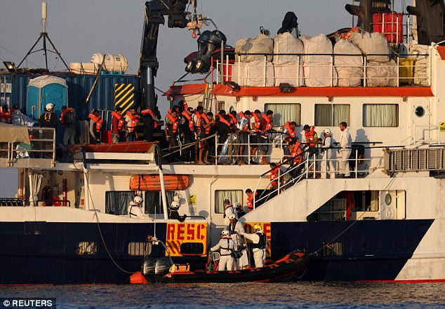 Faiez Serraj called on the EU to help Libya secure its border and prevent more migrants passing through in a bid to reach Italy. Pictured are migrants after they were rescued from the Mediterranean Sea earlier this month off the coast of Libya