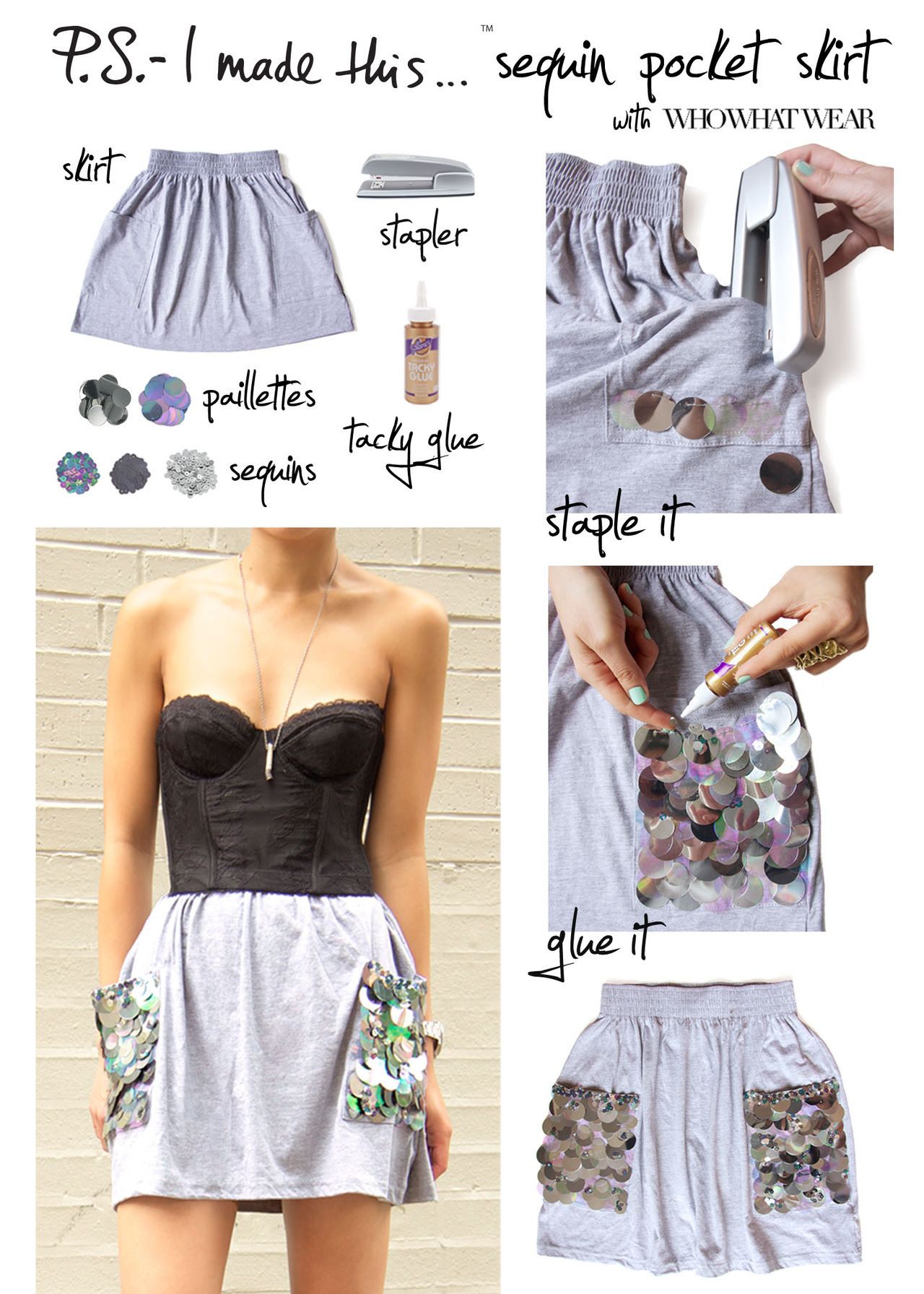 Summer is in full swing and we&#8217;re swooning over all things sun and sea. Some of fashion&#8217;s most beautiful patterns and palettes often take inspiration from Mother Nature, and while the slinky silk Prada halter Gwyneth Paltrow wore to the Met Ball left most murmuring about how revealing it was, its shimmering macro-paillette pockets left us swimming in aquatic visions of mermaids &amp; buried treasures.  Our friends over at Who What Wear agreed so we then created this unsinkable DIY. 
To create, start with larger paillettes and use a stapler to secure to skirt pocket by stapling at the top of the circle.  Mix colors and overlap as you go.  Once entire pocket is covered with the larger piallettes, cluster the smaller sequins together and add glue to cover any showing staples.  P.S- Feel free to use a needle and thread to add some stitches for extra reinforcement, after glue is dry. 