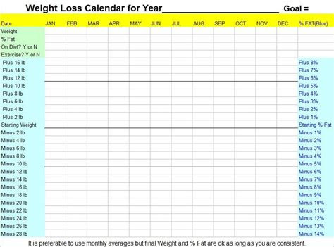  weight loss calendar