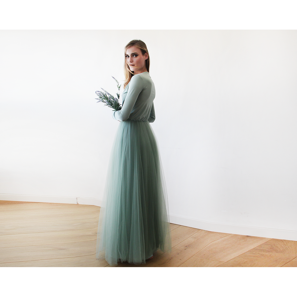  Sage  Green  Tulle Maxi Bridesmaid  Dress 