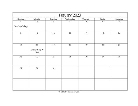  january 2023 editable calendar with holidays