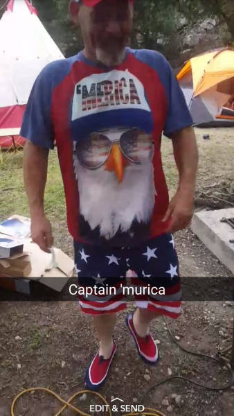 29 - Man wearing USA shirt with bald eagle wearing a baseball cap in a Snapchat titled Captain 'Murica
