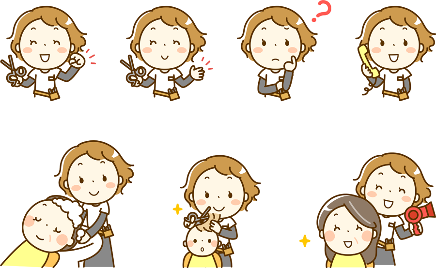 フリーイラスト 7種類の仕事中の美容師の女性のセットでアハ体験 Gahag 著作権フリー写真 イラスト素材集