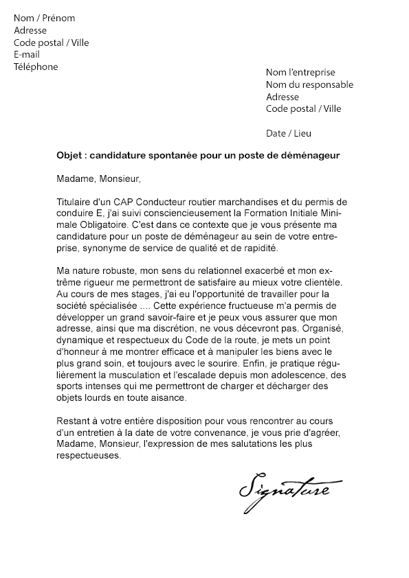 Lettre de motivation Déménageur - Modèle de Lettre