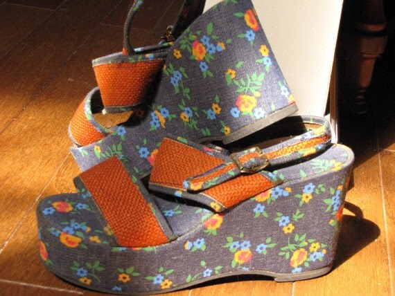 Vintage 70s Italian Platform Shoes in Denim and Orange