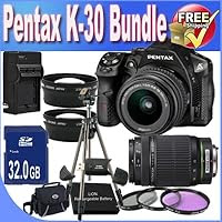 Pentax K-30 Digital Camera with 18-55mm AL and 55-300mm AL Lens Kit + 32GB SDHC Class 10 Memory Card + Extended Life Battery + External Rapid Travel Quick-Charger + USB Card Reader + Memory Card Wallet + Shock Proof Deluxe Case + 3 Piece Professional Filter Kit + Super Wide Angle Lens + 2x Telephoto Lens + Professional Full Size Tripod + Accessory Saver Bundle!