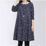 【Maya 名媛】(M-2XL)春秋棉麻自然風格 豐收小麥穗幸福款 圓領a字連衣裙 洋裝-牛仔藍色(現貨加預購)