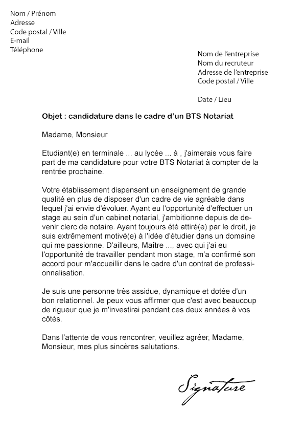 Lettre de motivation BTS Notariat - Modèle de Lettre