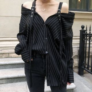 Glen Glam Pinstriped Off-Shoulder Blouse