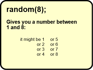 random(8) will give you a random number between 1 and 8 (might be 2, might be 8, might be whatever).