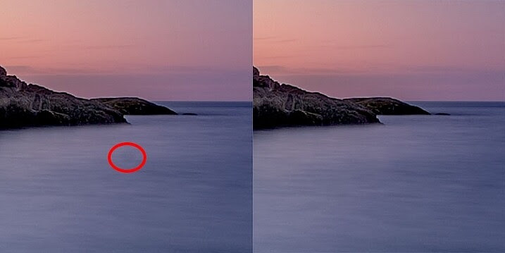 I had a few dust spots on my sensor. This one in the water, circled in red, did not respond well to the Spot Healing Brush, so I used the Cloning Stamp to sample and area of the water and stamp it over the dust spot.
