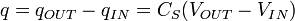 q = q_{OUT}-q_{IN} = C_S(V_{OUT}-V_{IN})\ 