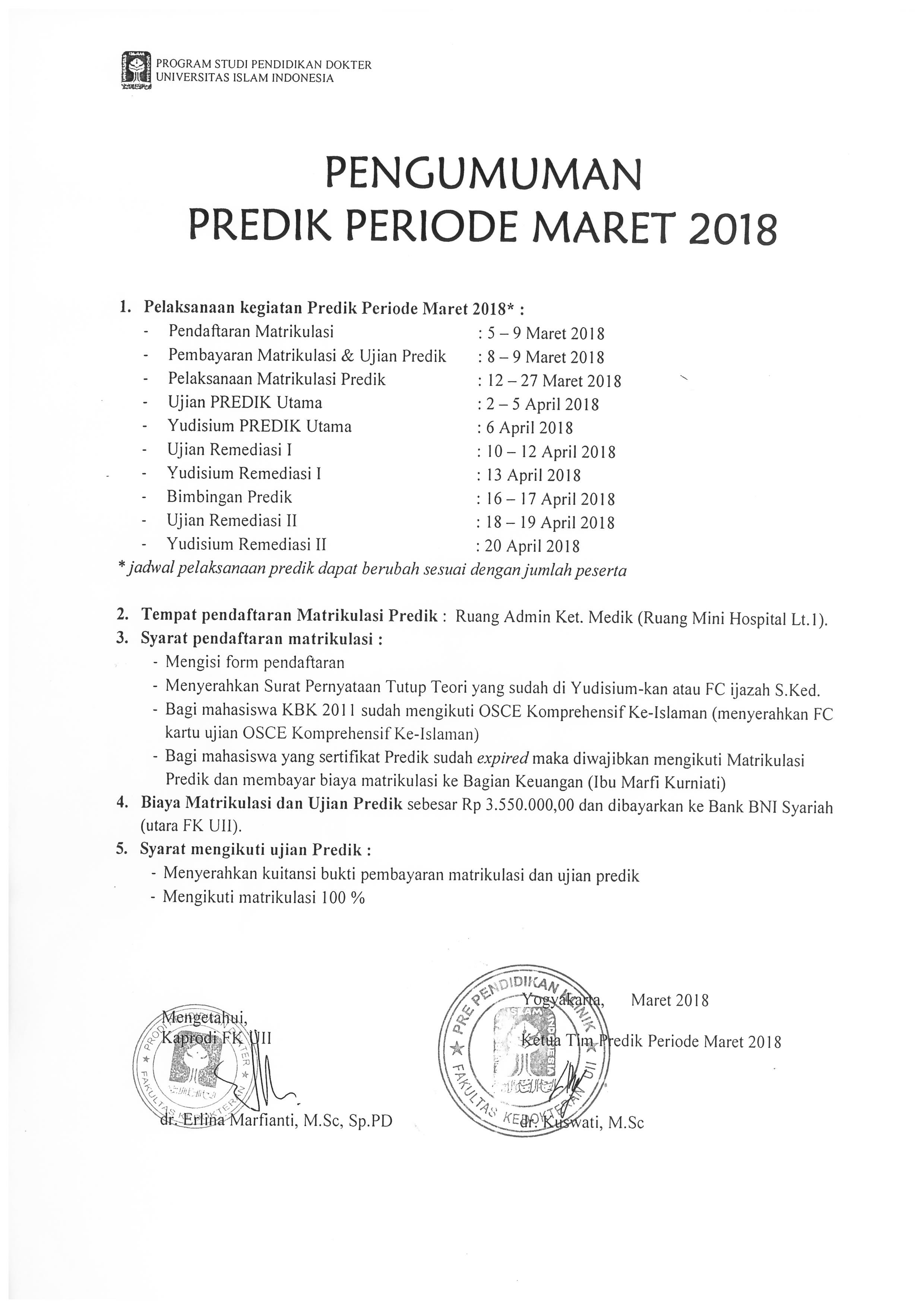 Pengumuman Predik Periode Maret 2018 March 9 2018 by FK UII