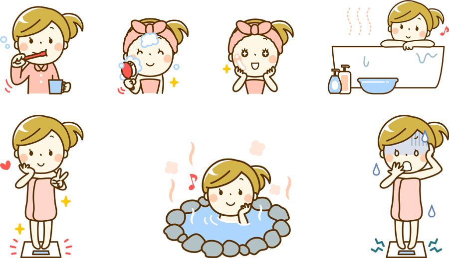 フリーイラスト お風呂に入るなどの7種類の女性のセットでアハ体験 Gahag 著作権フリー写真 イラスト素材集