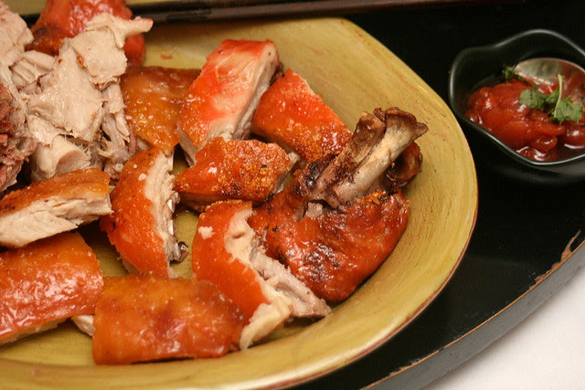 The roast pork chopped up, served with lychee dip