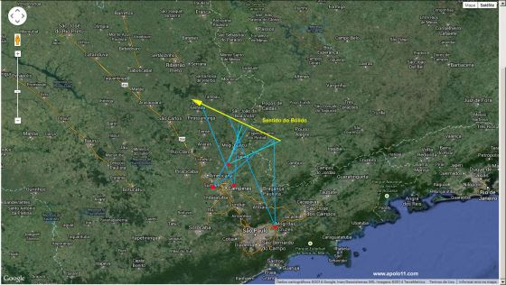 Mapa da pasagem do meteoro sobre São Paulo e Minas Gerais