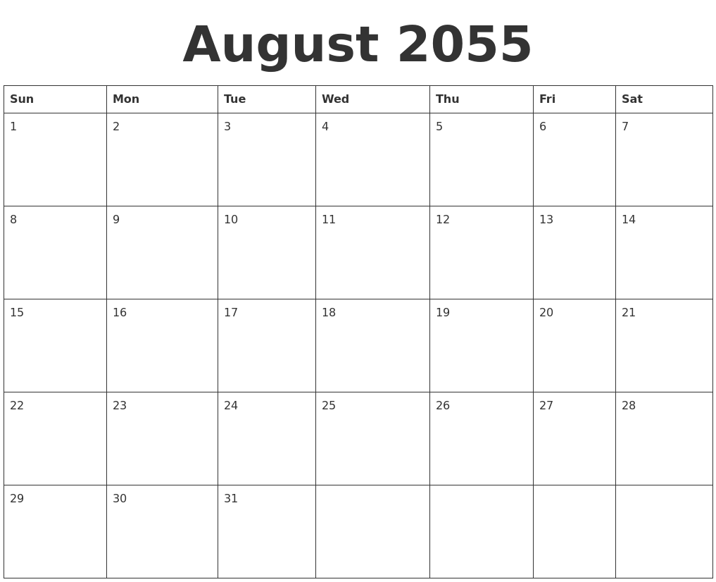 august 2055 blank calendar template