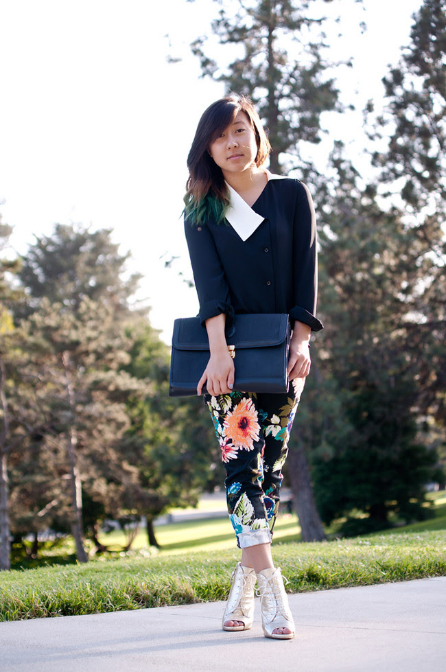 Korean asymmetrical blouse, H&M floral trouser, metallic gold Zara booties, thrifted oversized clutch