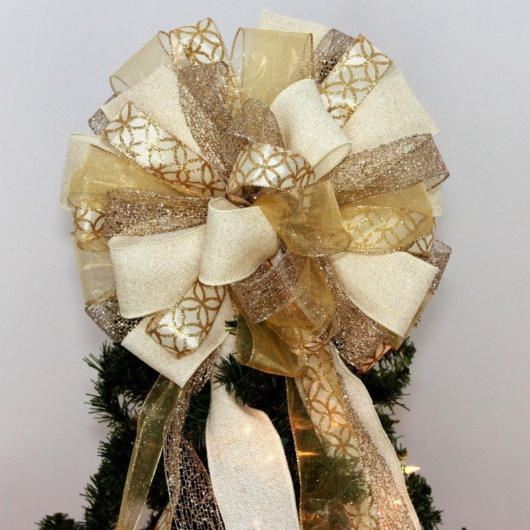 Ivory Gold Burlap Christmas Tree Topper Bow Mantel Wreath Bows