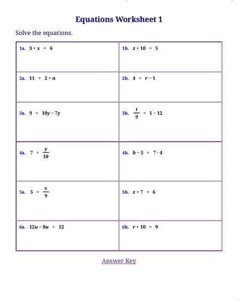  algebra one step equation worksheet