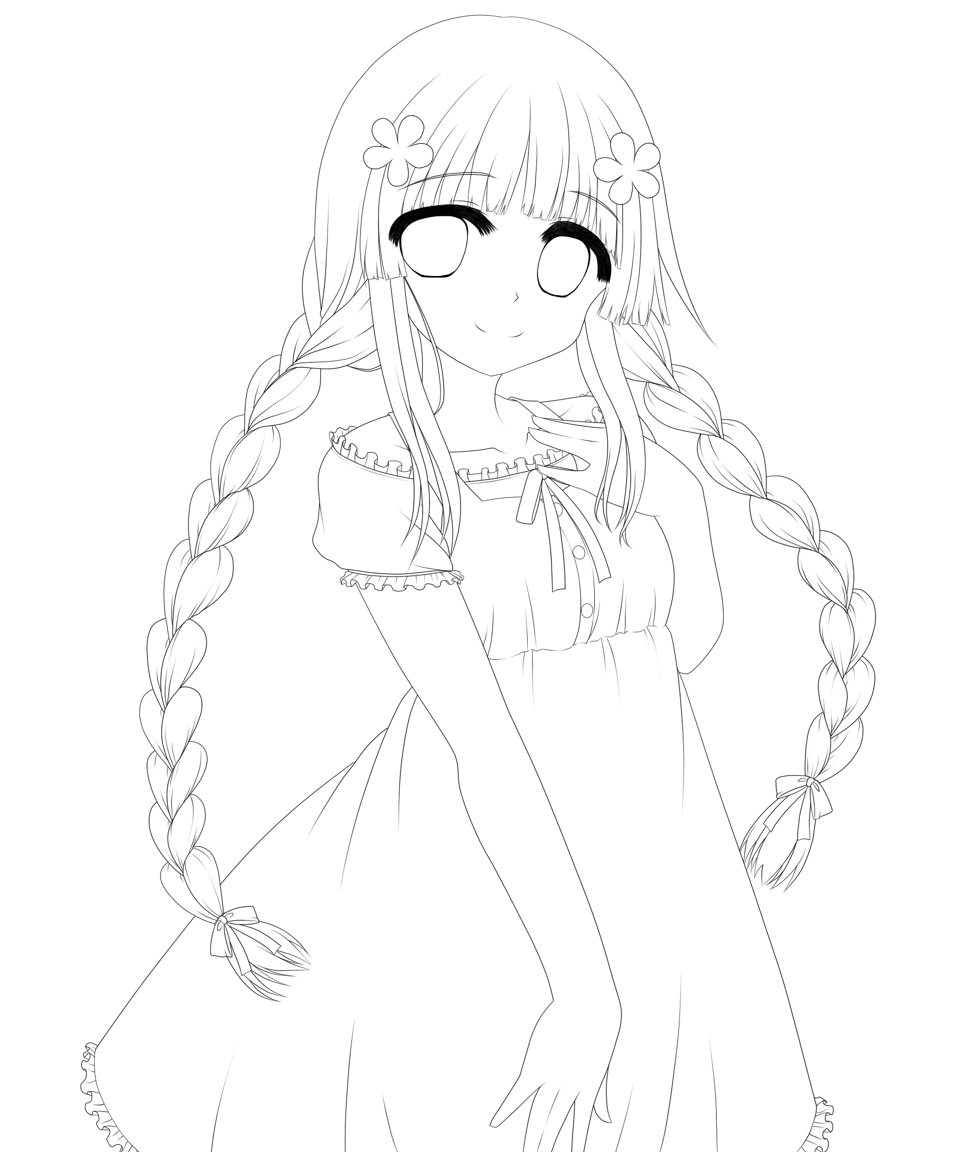 のびのび私の落書き日記 三つ編みの女の子 モノクロ 線画