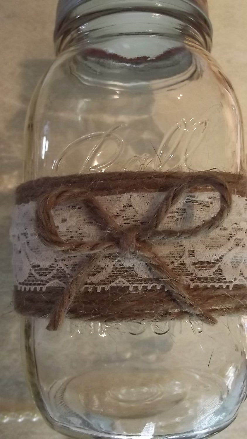 Country Rustic Wedding Reception Table Centerpiece Mason Jar Burlap and Lace Candle Holder decoration