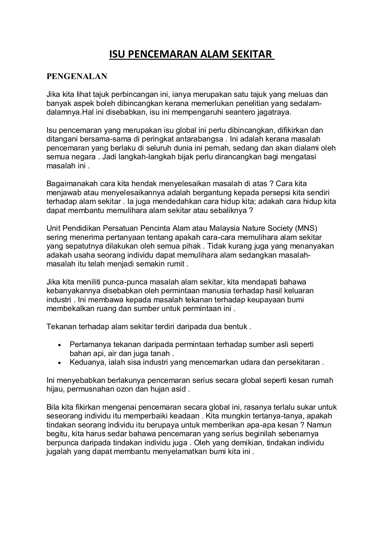 Isu Pencemaran Alam Sekitar